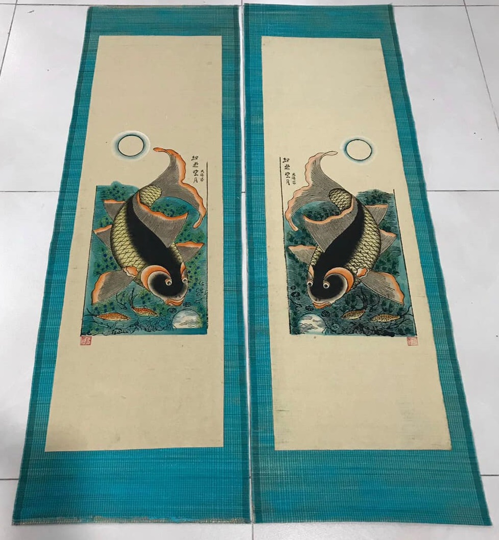 BỘ 2 TRANH LÝ NGƯ VỌNG NGUYỆT (mành 40cm x 132cm)